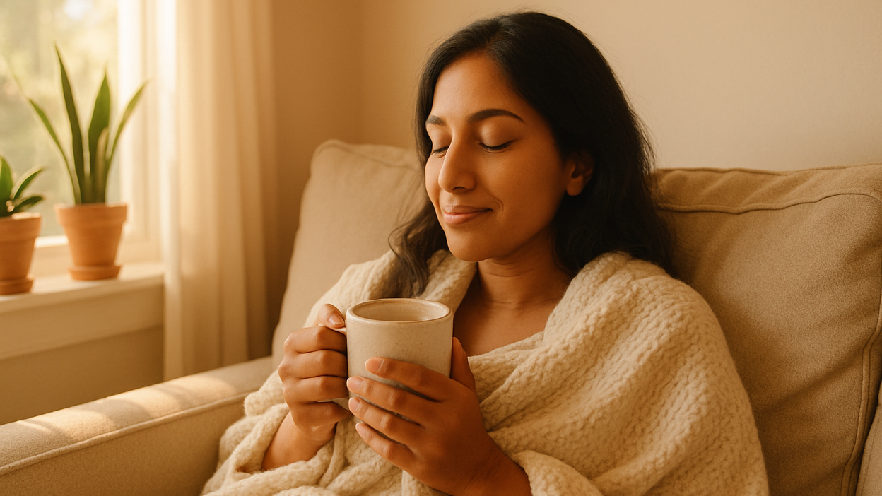 A woman resting calmly on a couch wrapped in a blanket with a warm mug