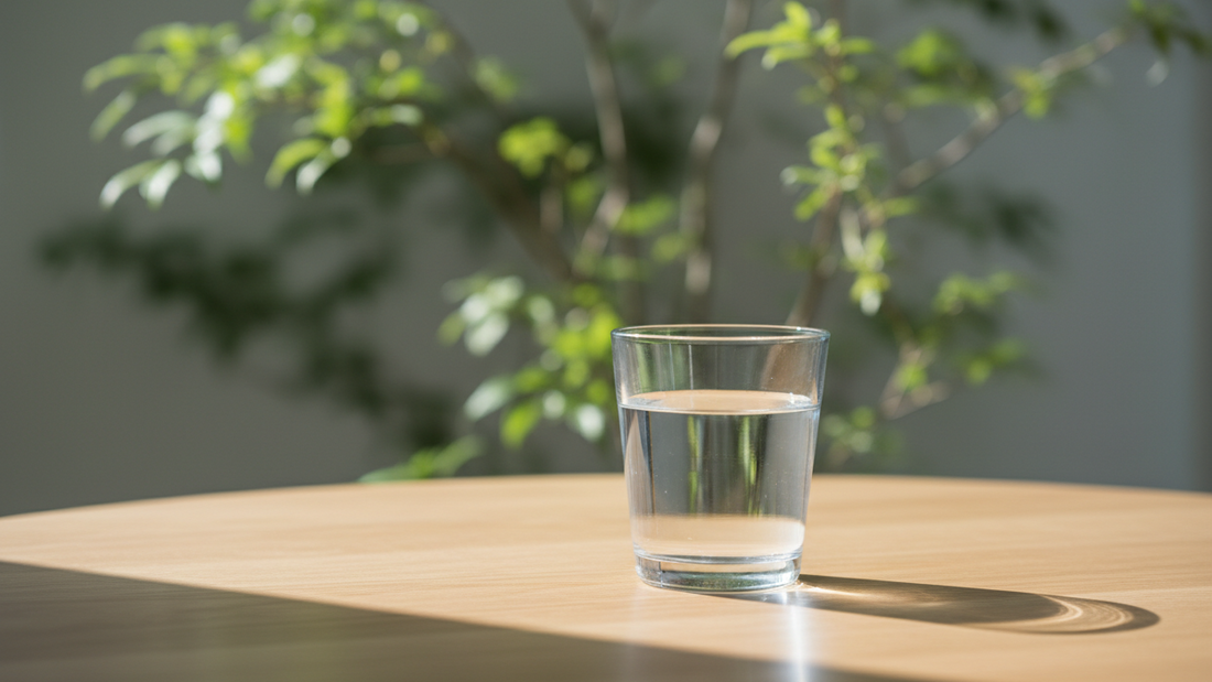 A clear glass of water on a sunlit table — hydration for stress and focus