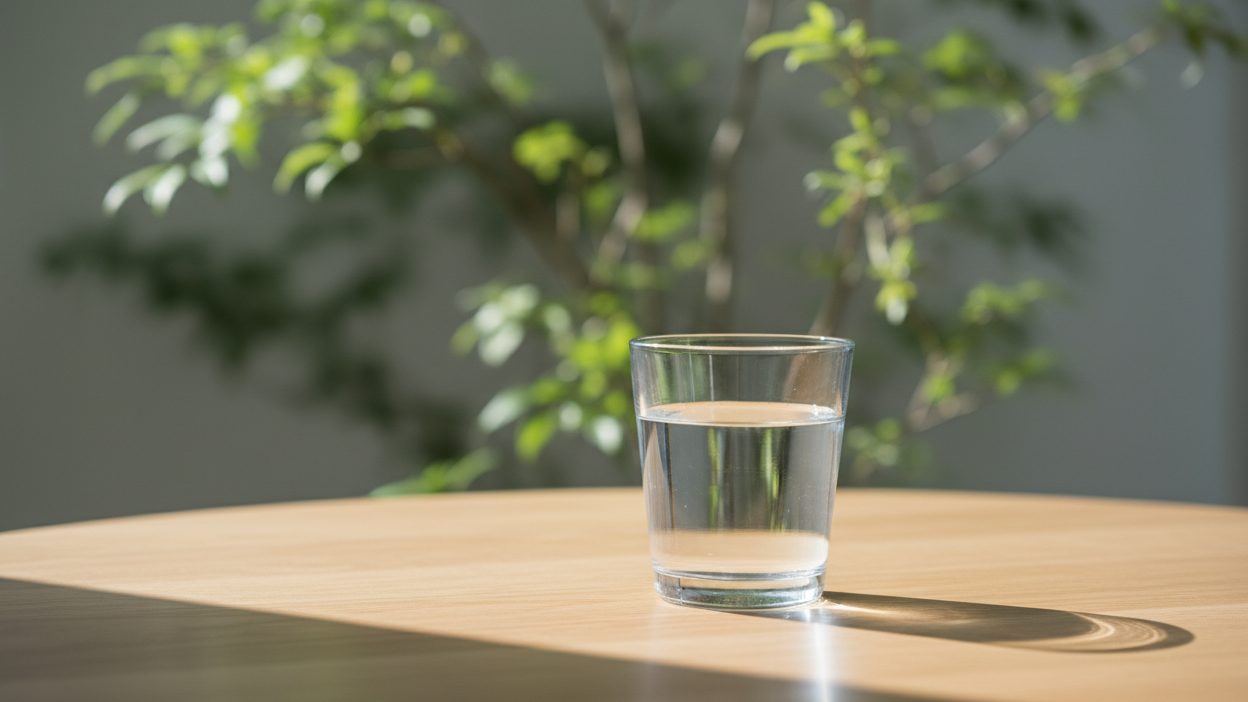 A clear glass of water on a sunlit table — hydration for stress and focus
