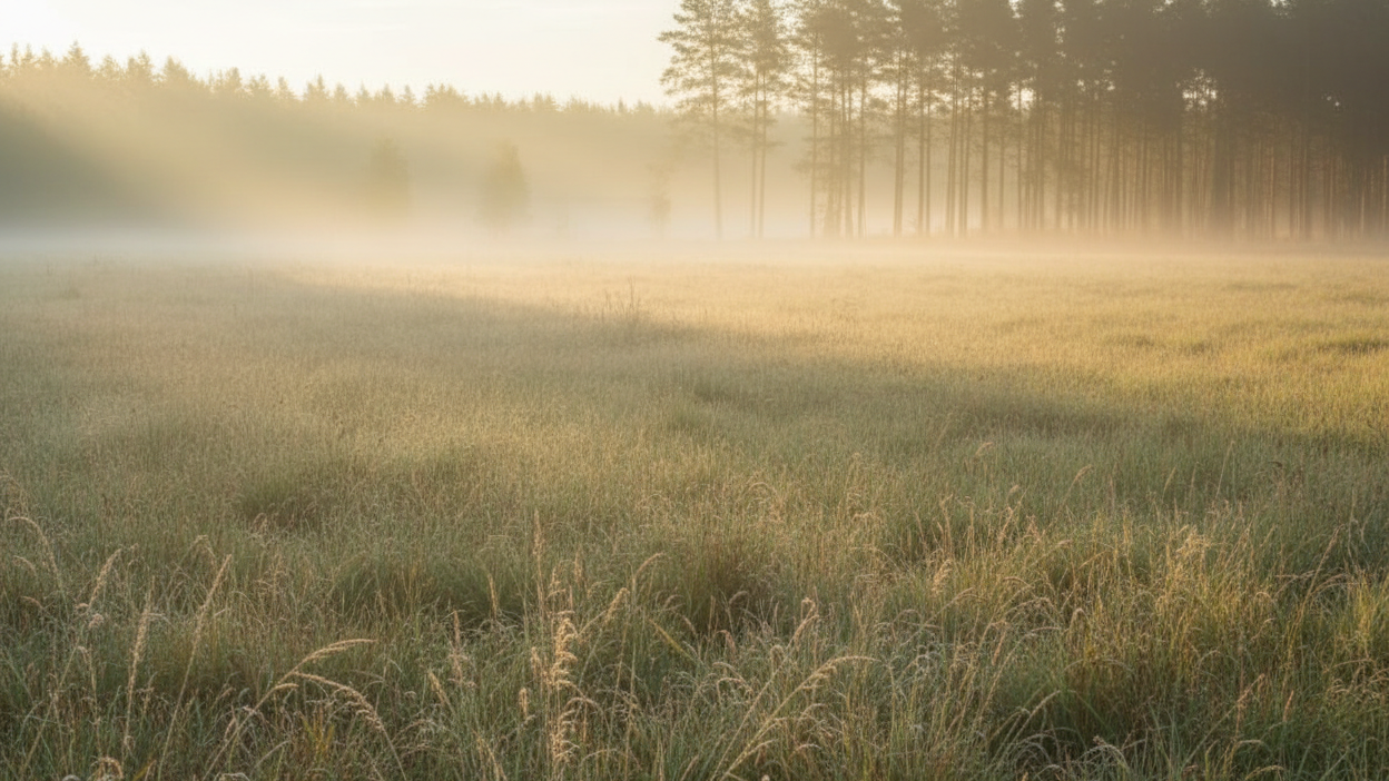 Nature scene: a serene early-morning misty meadow with tall grasses and soft sunlight through distant trees — calm and stress relief