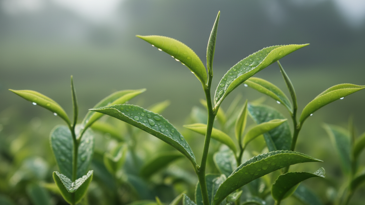 Botanical close-up of fresh green tea leaves with morning dew — the natural source of L-theanine