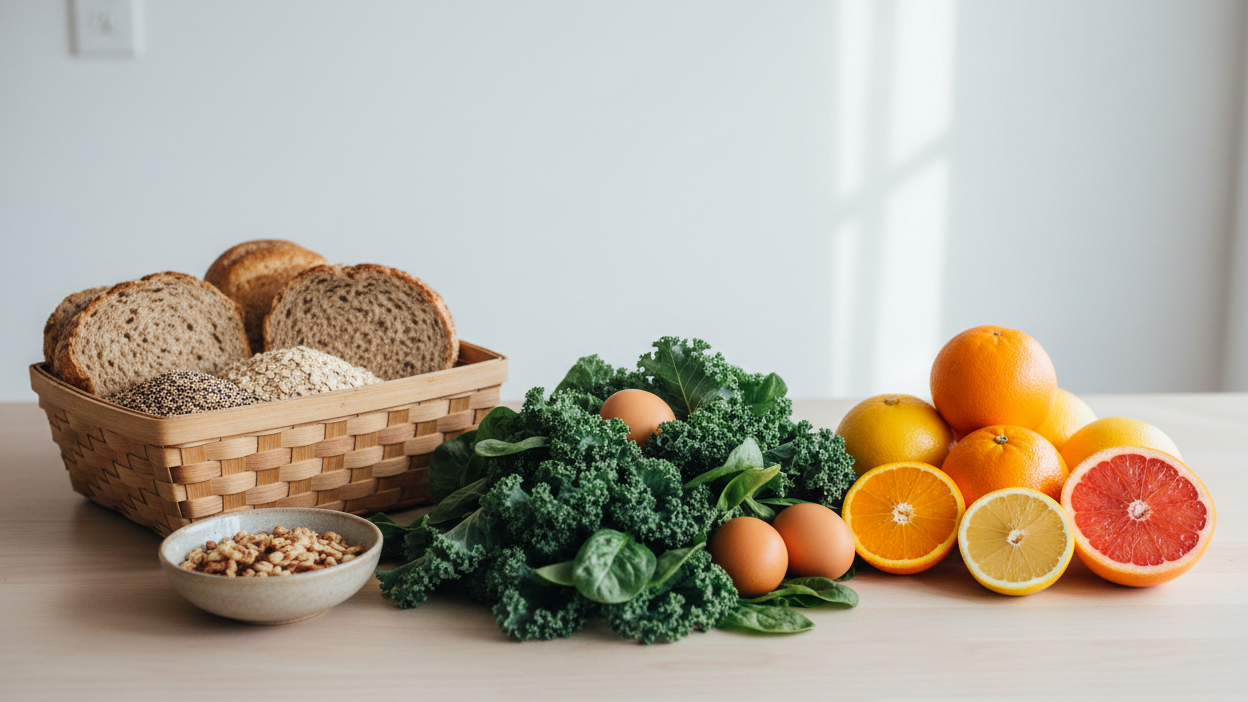 Fresh leafy greens, eggs, whole grains and citrus — food sources of B vitamins