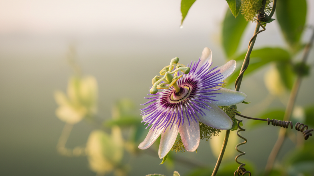 A purple passionflower bloom on its climbing vine in soft dawn light