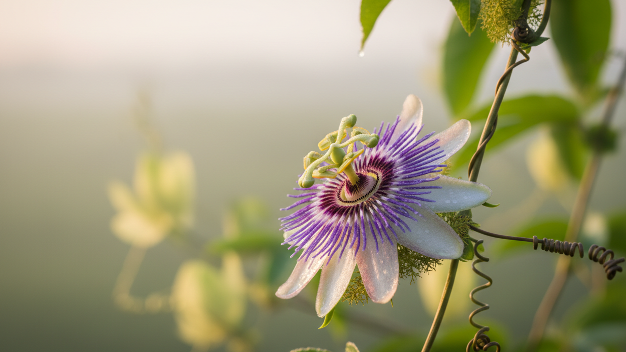 A purple passionflower bloom on its climbing vine in soft dawn light