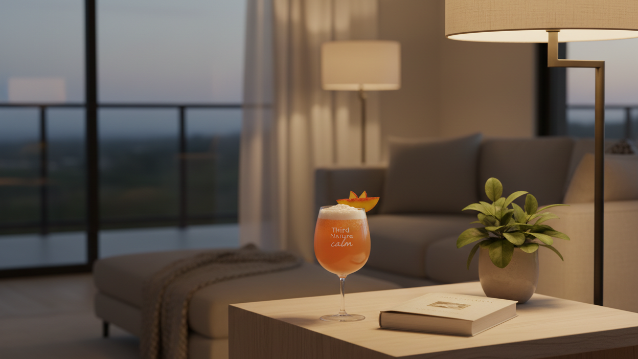 A prepared peach-mango Third Nature Calm drink in a clear glass on a light wooden side table in a warm, softly lit living room with an open book and a plant — product-in-context, evening wind-down