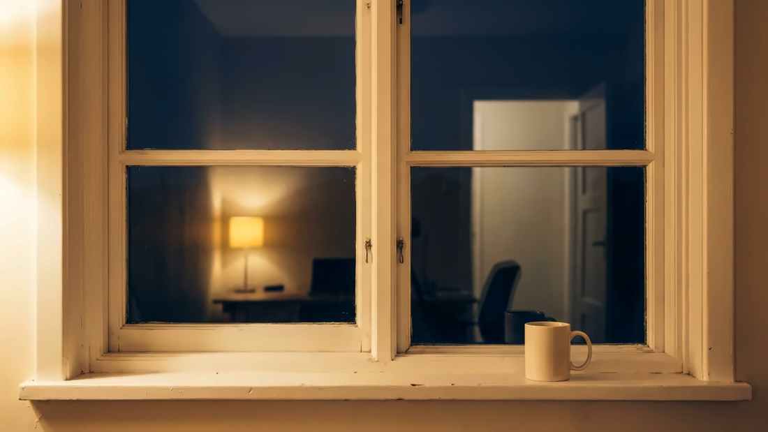 A sash window at dusk seen from inside a room: black outside, the lit room and a lamp faintly reflected in the glass, with a plain unbranded mug on the sill.