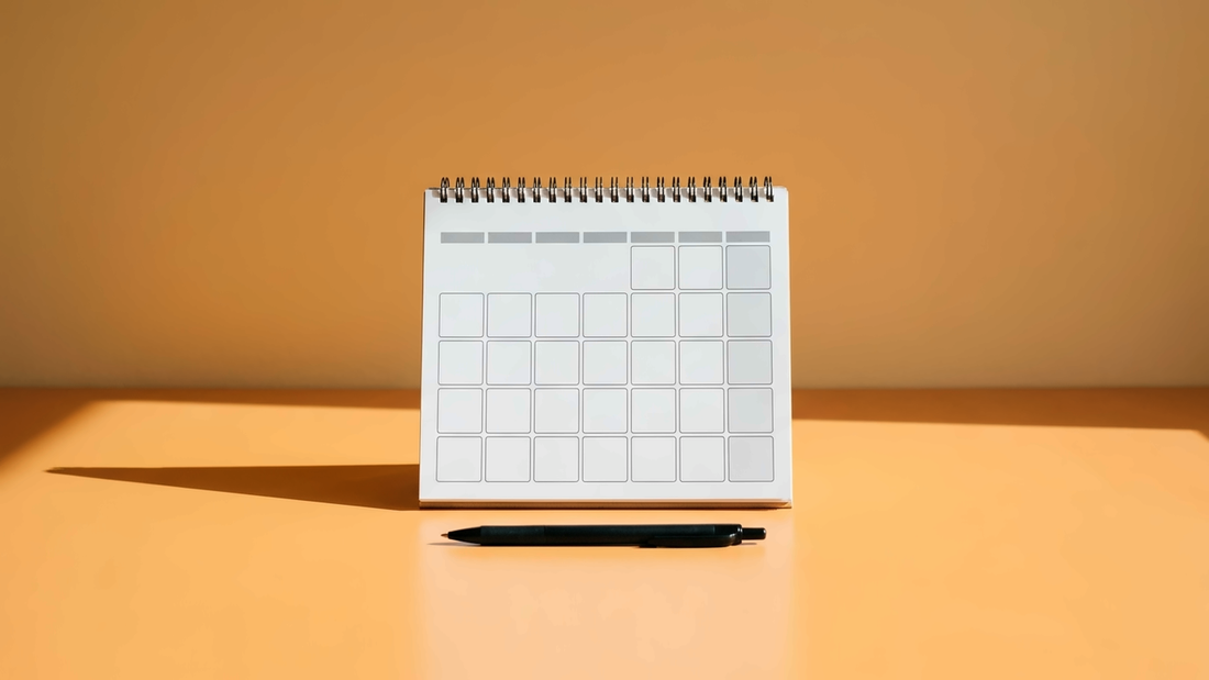 An empty month-at-a-glance desk calendar with blank weekday squares and a black pen, on an apricot desk against a warm orange wall