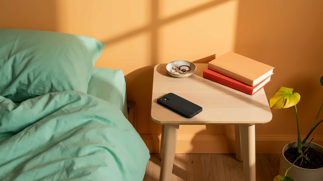 A phone lying face down on a bedside table beside an unmade mint-green bed, early sun casting a window shadow across an apricot wall.