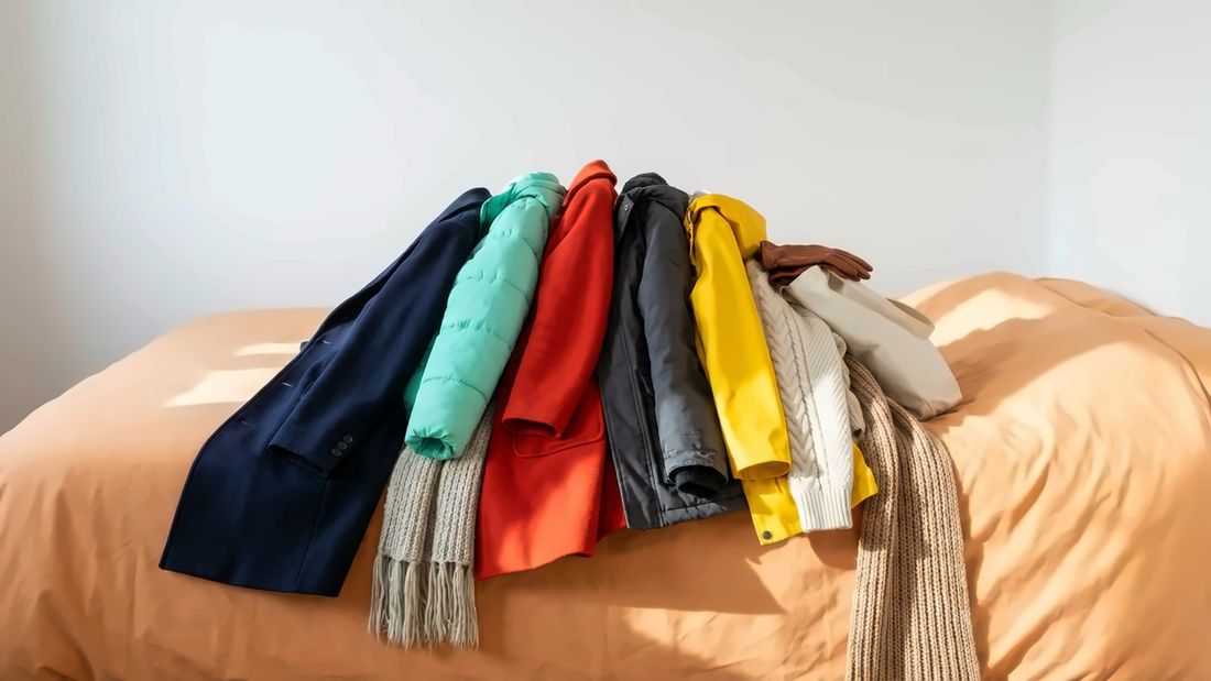Guests' winter coats and scarves piled on a bed in a spare room, in bright afternoon light.